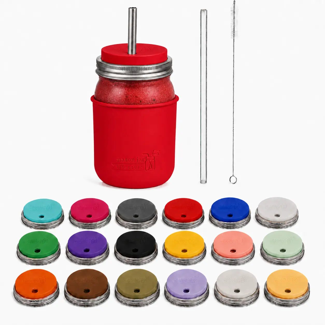 32oz smoothie Mason jar with Cherry Red silicone sleeve, matching straw-hole lid, stainless and glass straws, cleaner, and all 18 lid colors