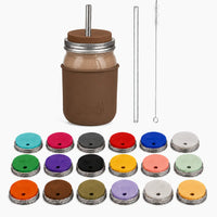 32oz smoothie Mason jar with Cocoa Brown silicone sleeve, matching straw-hole lid, stainless and glass straws, cleaner, and all 18 lid colors