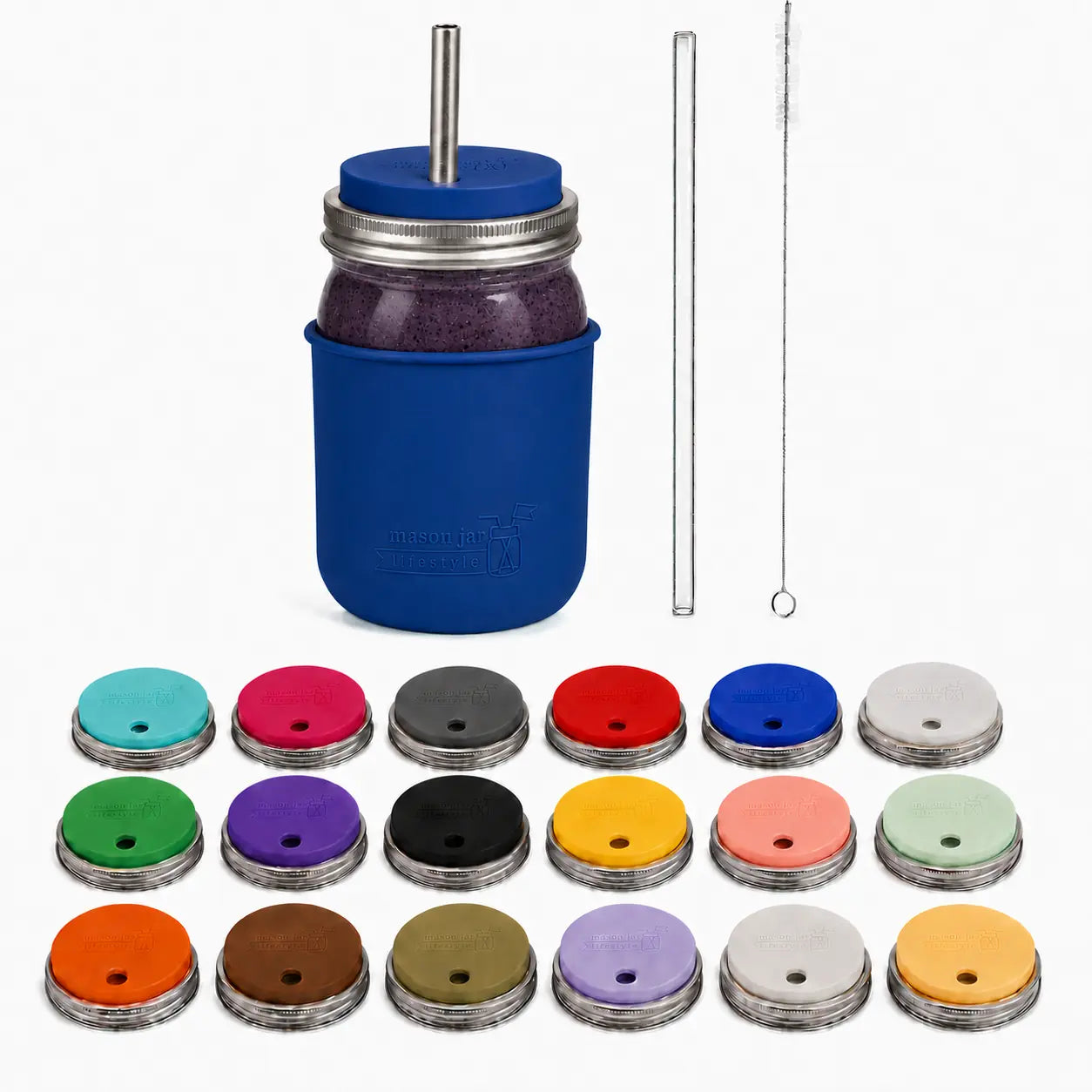 32oz smoothie Mason jar with Deep Blue silicone sleeve, matching straw-hole lid, stainless and glass straws, cleaner, and all 18 lid colors