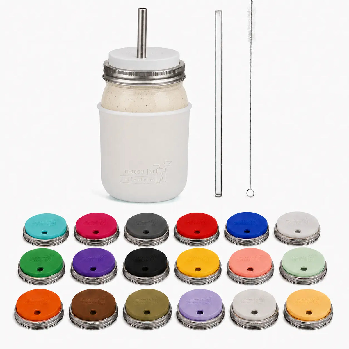 32oz smoothie Mason jar with Frost silicone sleeve, matching straw-hole lid, stainless and glass straws, cleaner, and all 18 lid colors
