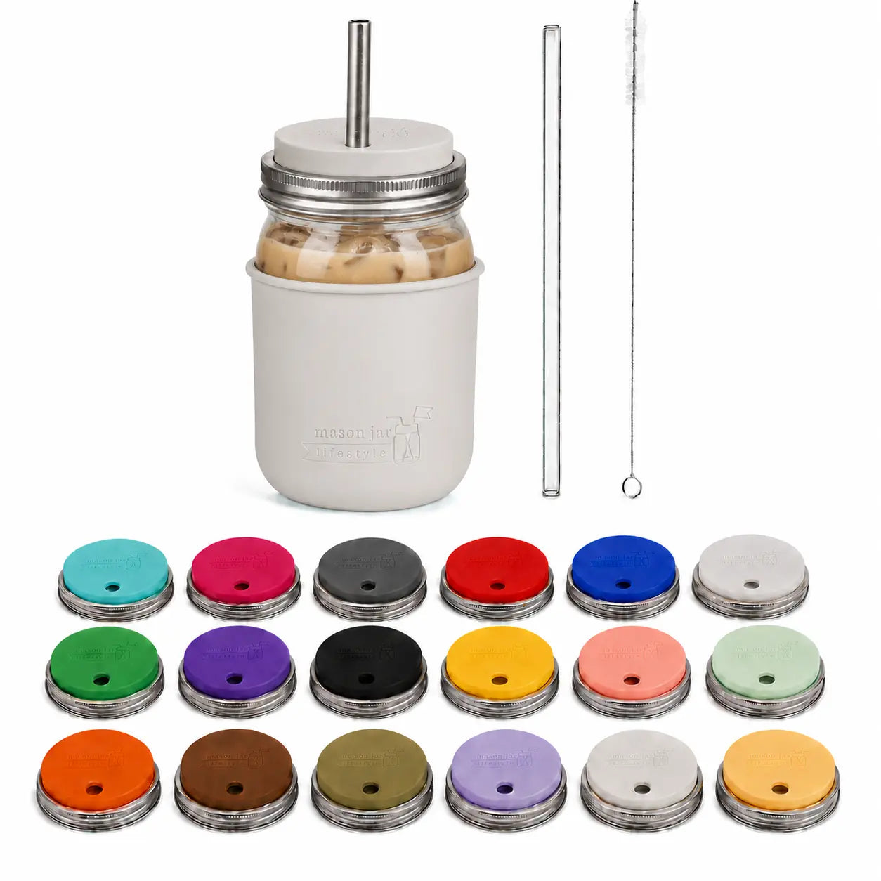 32oz smoothie Mason jar with Greige silicone sleeve, matching straw-hole lid, stainless and glass straws, cleaner, and all 18 lid colors