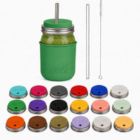 32oz smoothie Mason jar with Leaf Green silicone sleeve, matching straw-hole lid, stainless and glass straws, cleaner, and all 18 lid colors