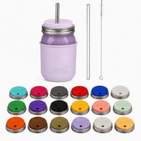 32oz smoothie Mason jar with Light Orchid silicone sleeve, matching straw-hole lid, stainless and glass straws, cleaner, and all 18 lid colors