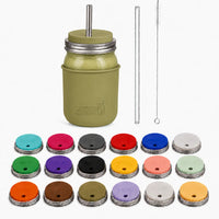 32oz smoothie Mason jar with Olive Green silicone sleeve, matching straw-hole lid, stainless and glass straws, cleaner, and all 18 lid colors
