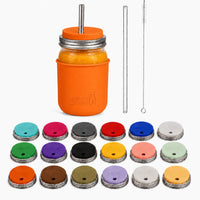 32oz smoothie Mason jar with Tangerine silicone sleeve, matching straw-hole lid, stainless and glass straws, cleaner, and all 18 lid colors