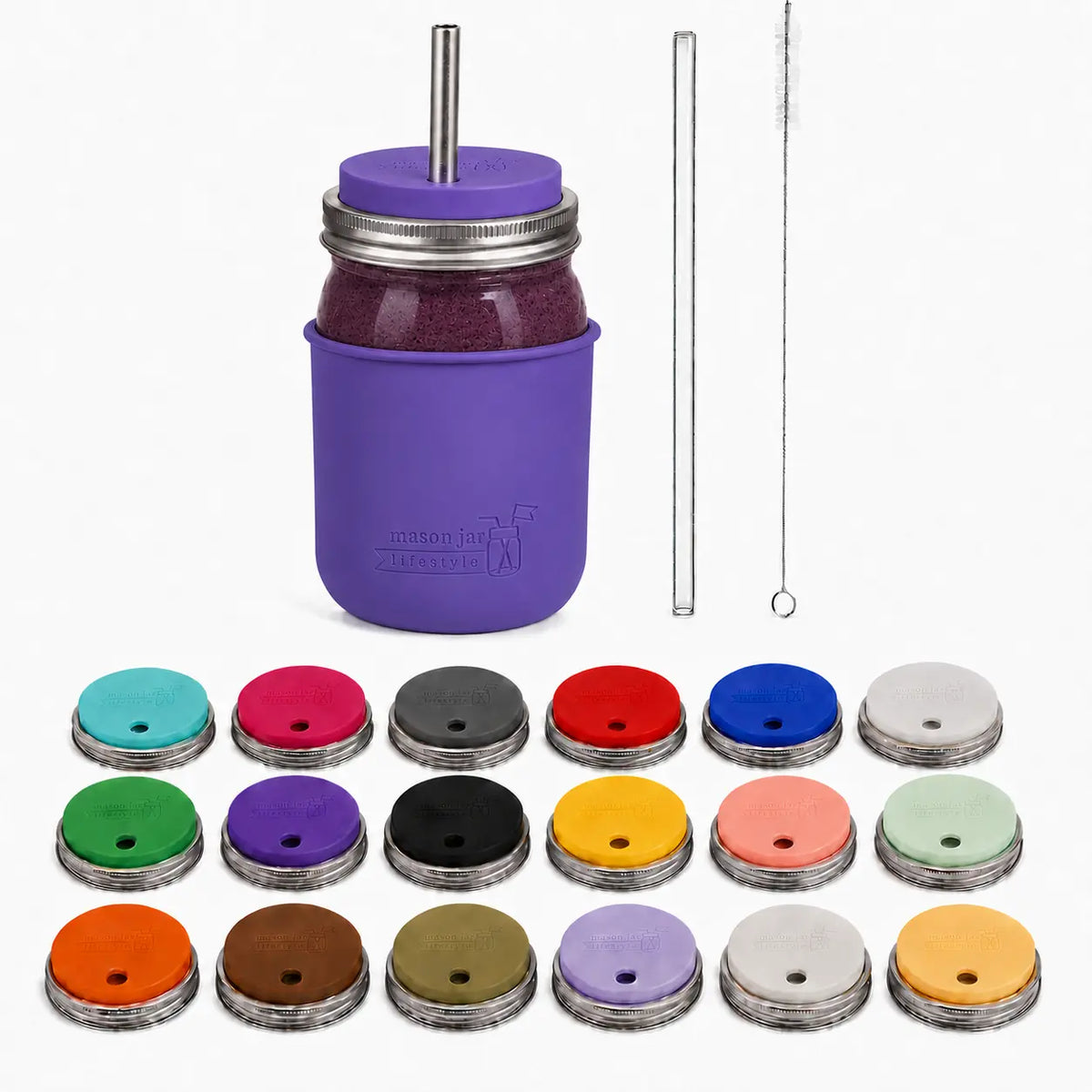 32oz smoothie Mason jar with Ultra Violet silicone sleeve, matching straw-hole lid, stainless and glass straws, cleaner, and all 18 lid colors