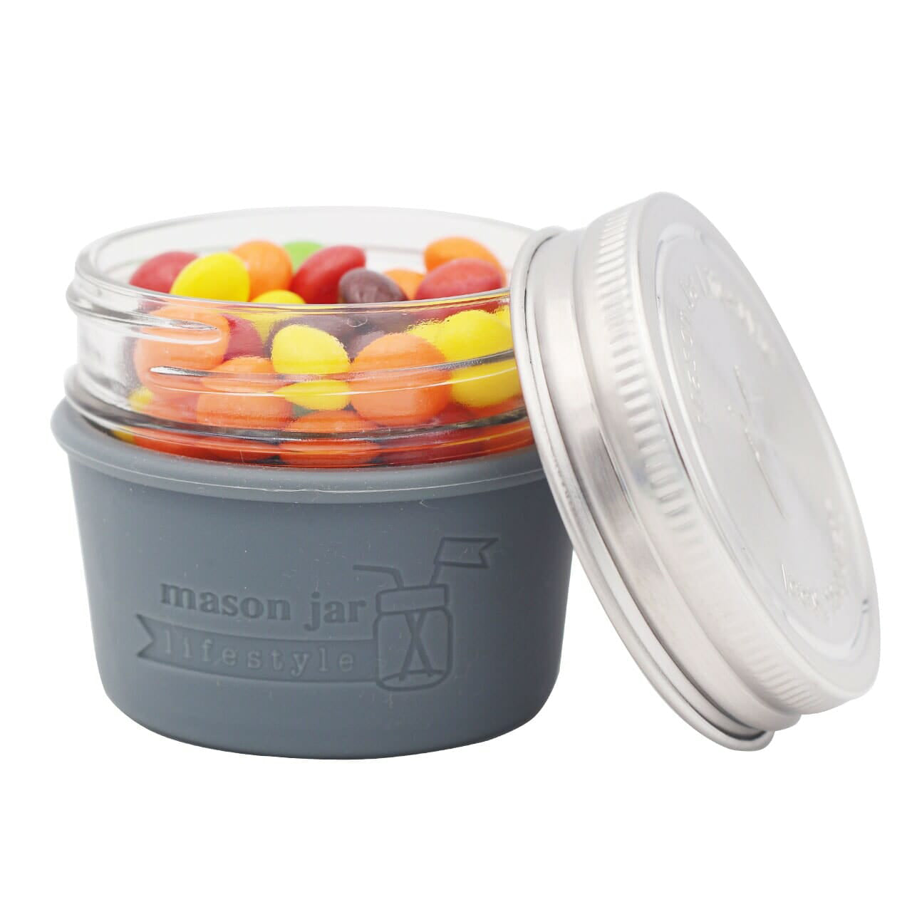 Charcoal gray 4oz silicone sleeve for Mason jars.