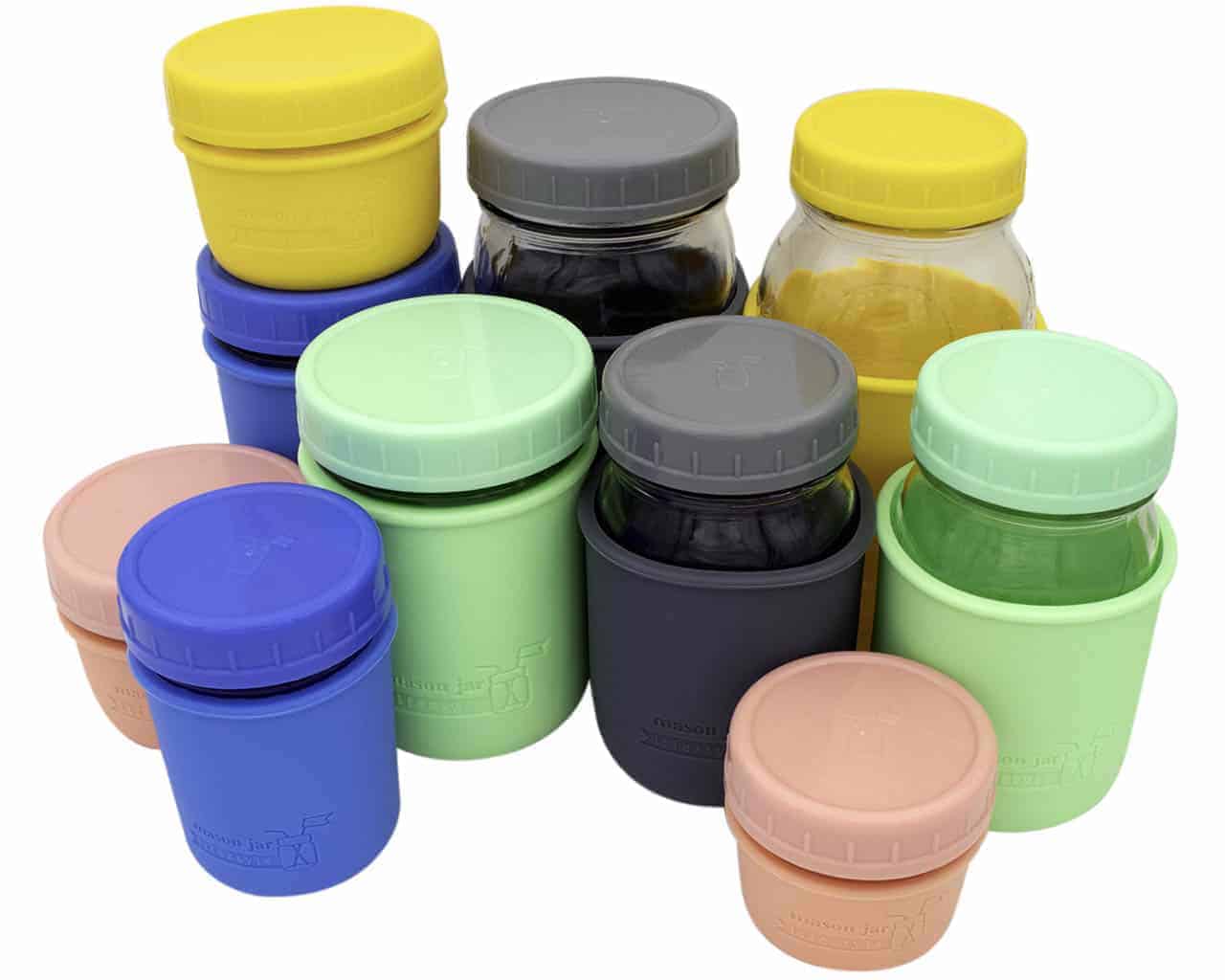 Mason Jar Lifestyle Leak proof plastic storage lids and silicone sleeves on 4oz, 8oz, 16oz, 32oz half pint quart Mason jars 5 colors