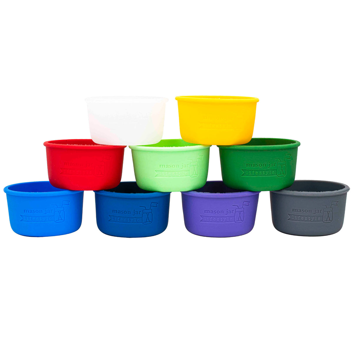 Colorful closed-bottom silicone sleeves for wide mouth half-pint Mason jars