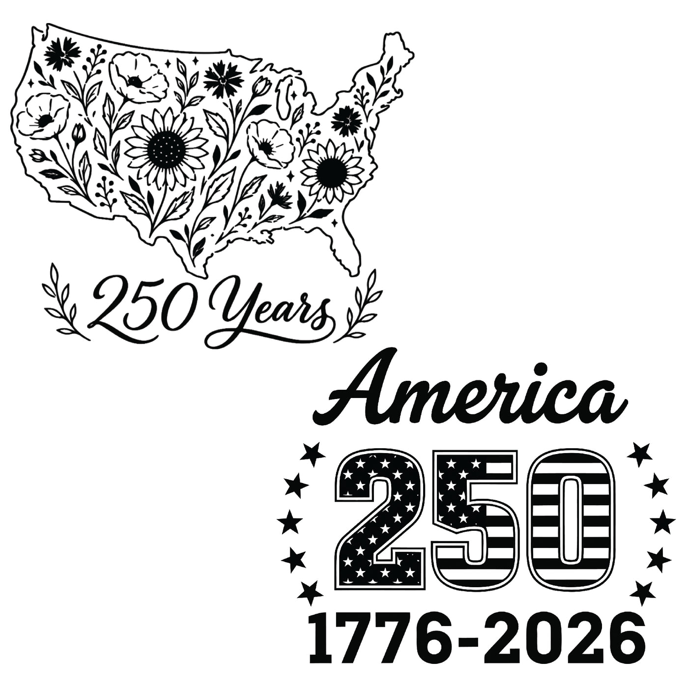 A black and white graphics for laser engraving. One design has the shape of the US, with flowers in it and the words 250 years. The second design has the words  "America 250 1776-2026" with stars around it.