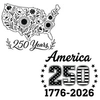 A black and white graphics for laser engraving. One design has the shape of the US, with flowers in it and the words 250 years. The second design has the words  "America 250 1776-2026" with stars around it.