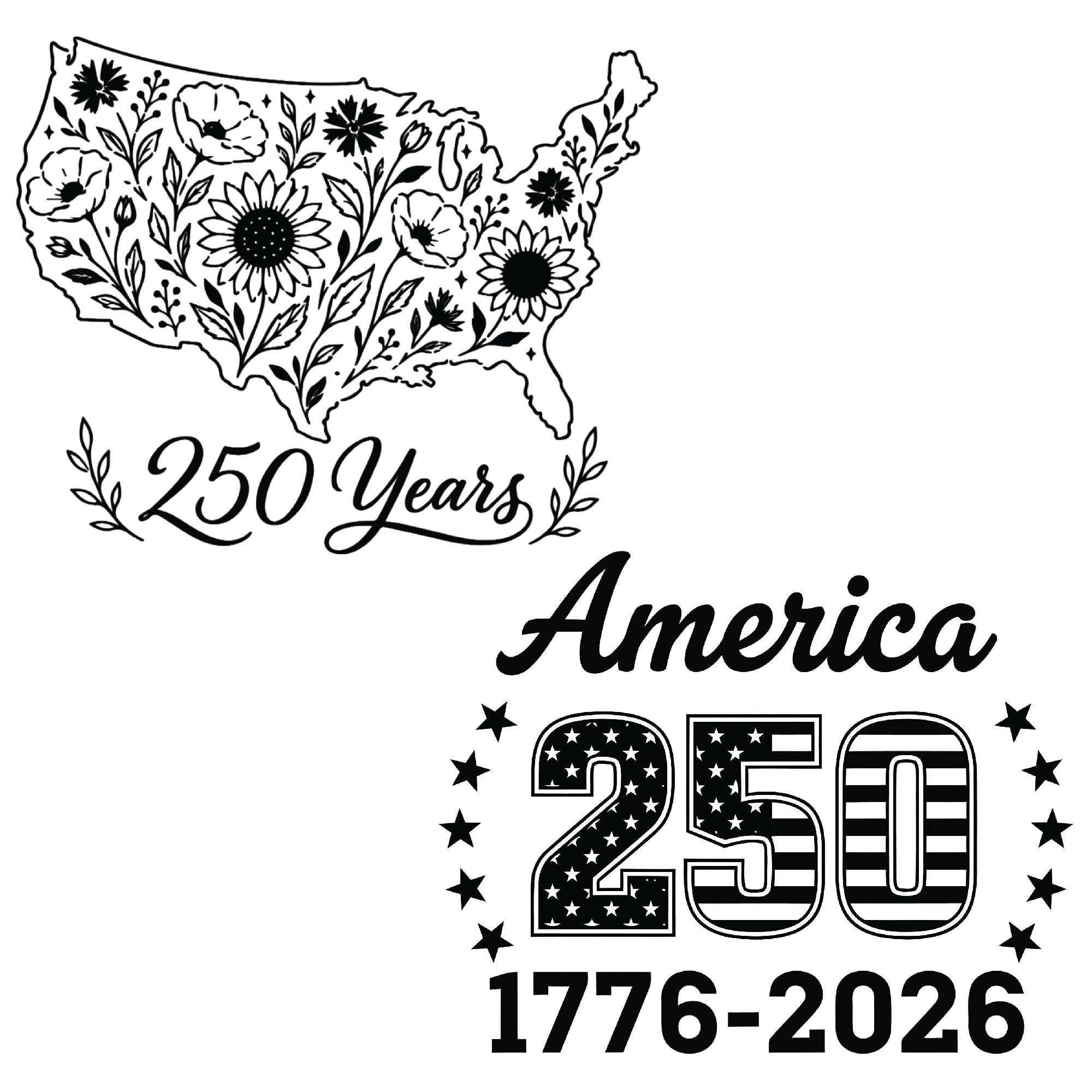 A black and white graphics for laser engraving. One design has the shape of the US, with flowers in it and the words 250 years. The second design has the words  "America 250 1776-2026" with stars around it.