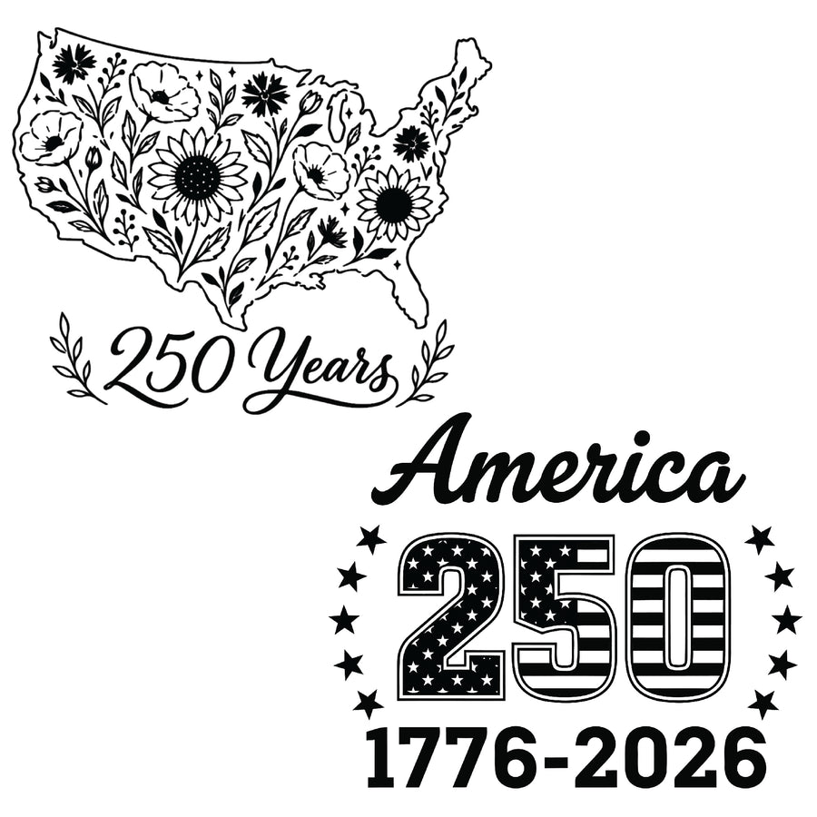 A black and white graphics for laser engraving. One design has the shape of the US, with flowers in it and the words 250 years. The second design has the words  "America 250 1776-2026" with stars around it.