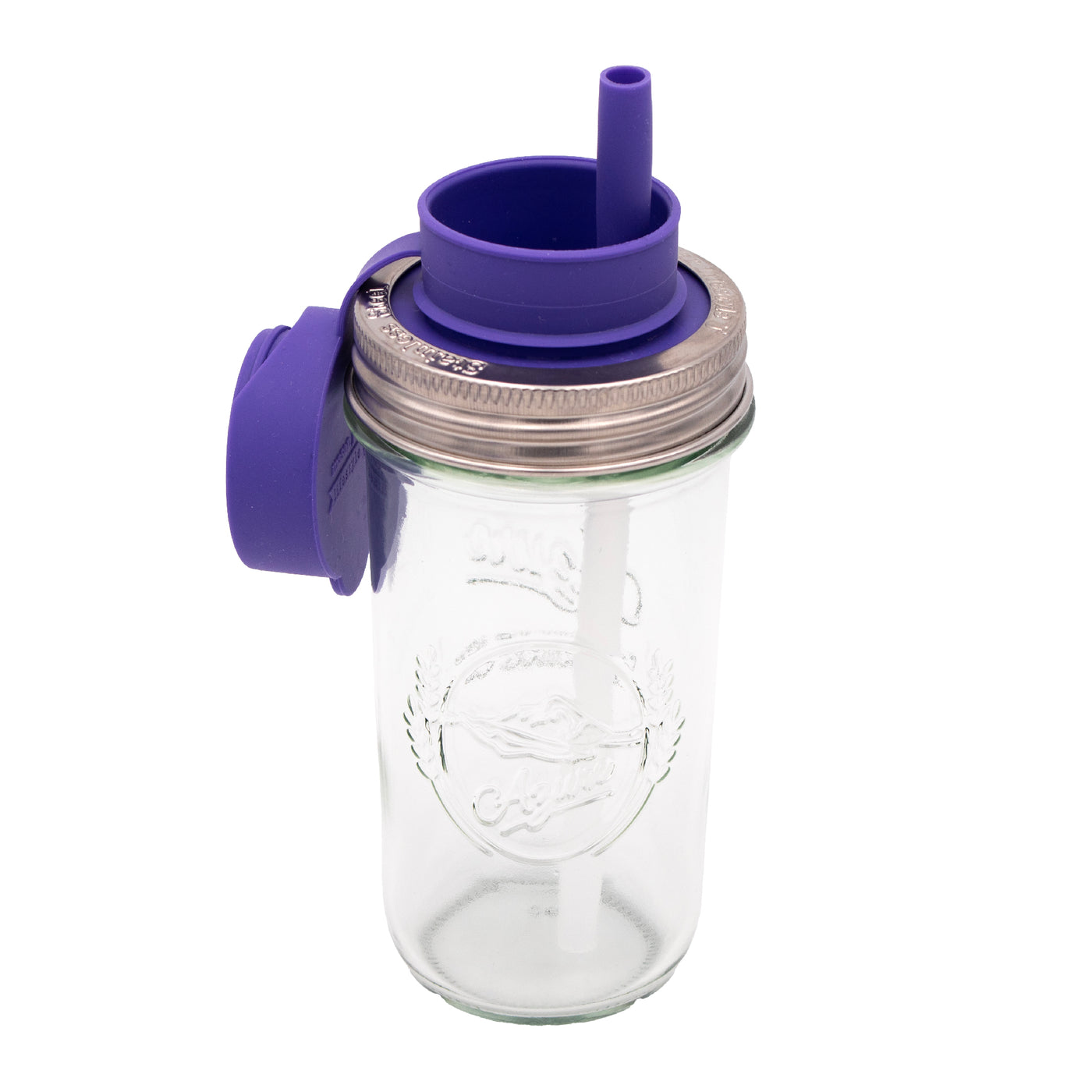 A regular mouth sippy lid on the regular mouth 12oz Mason jar, proving that our regular mouth lids fit this jar as well.