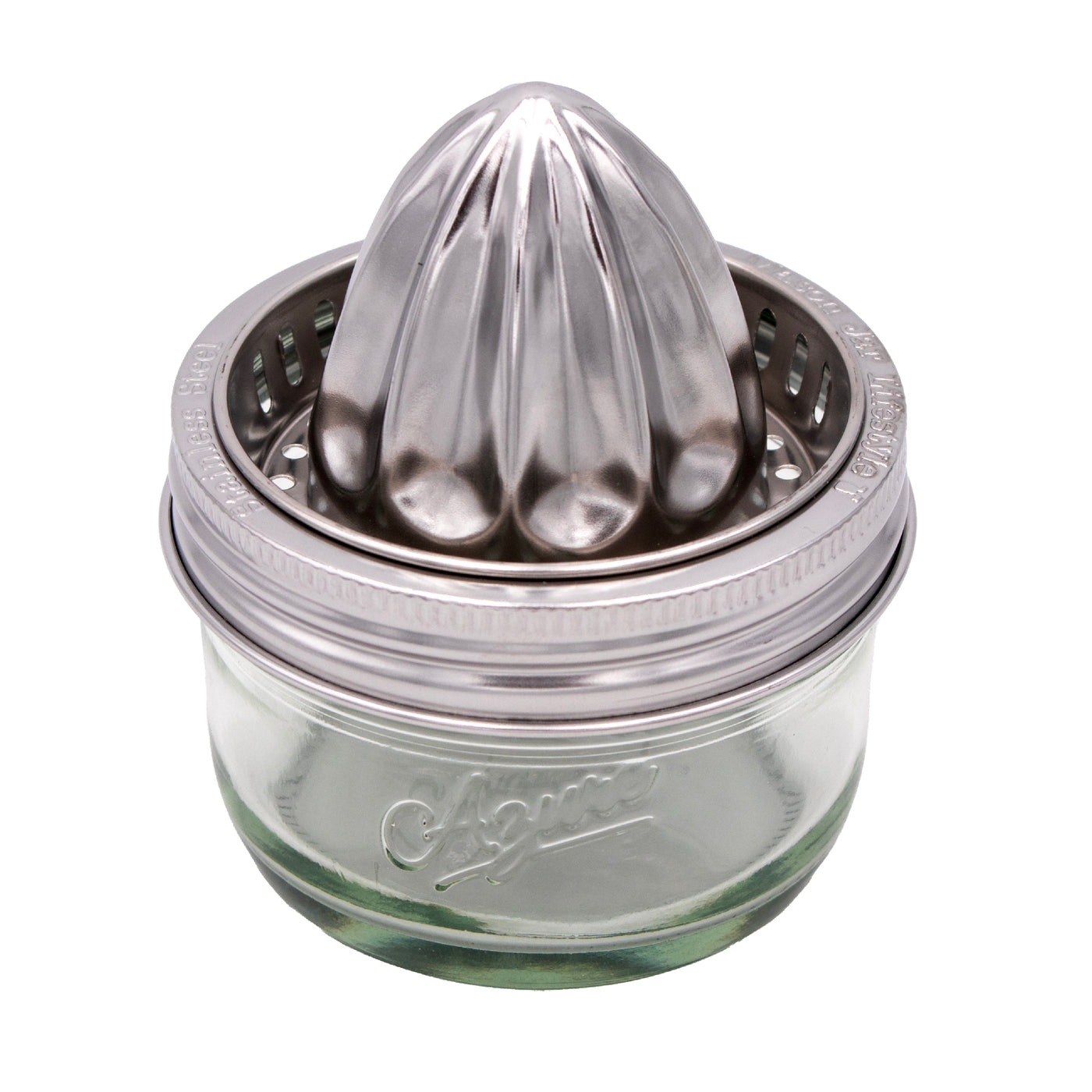 A wide mouth juicing lid on the wide mouth 8oz Mason jar, proving that our wide mouth lids fit this jar as well.