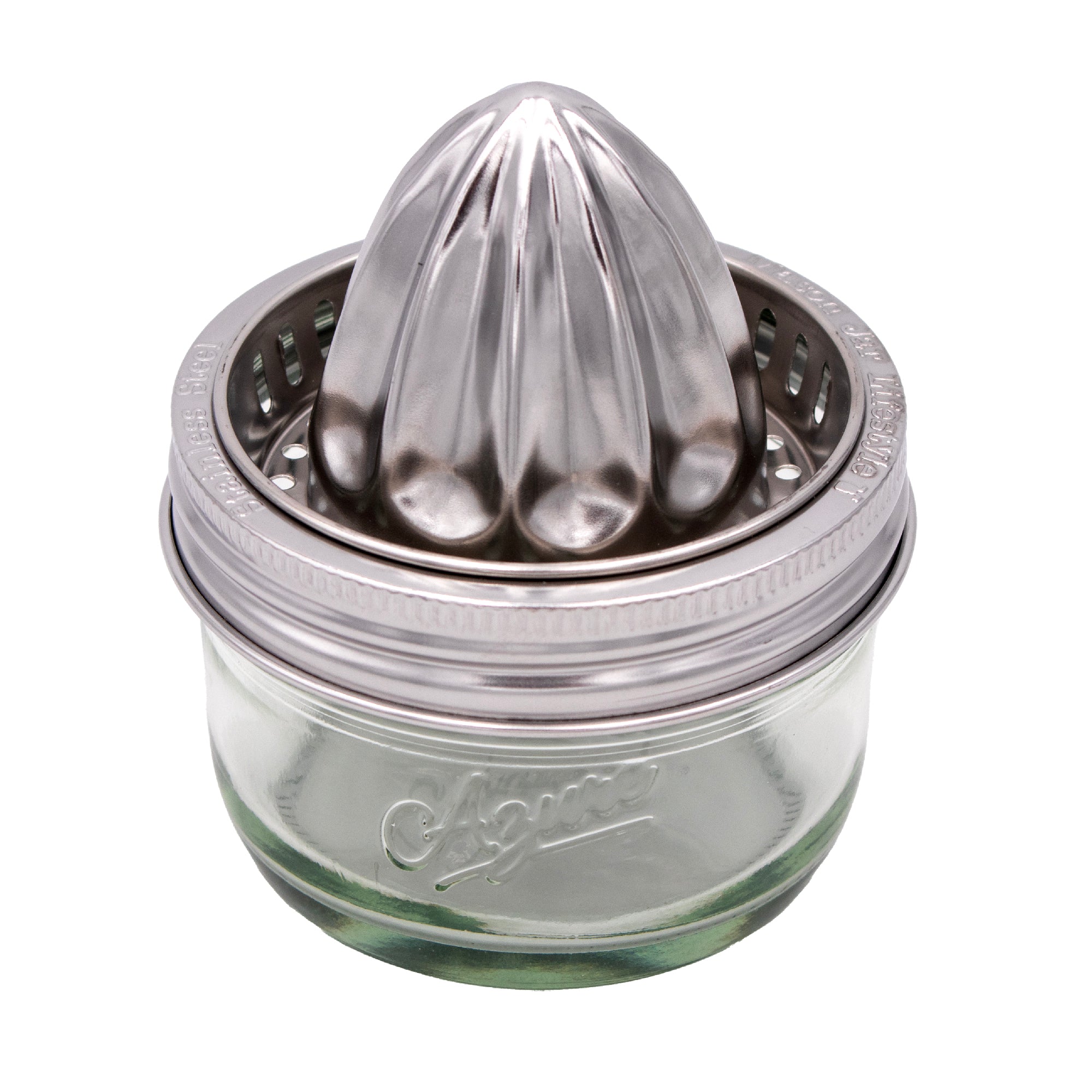 A wide mouth juicing lid on the wide mouth 8oz Mason jar, proving that our wide mouth lids fit this jar as well.