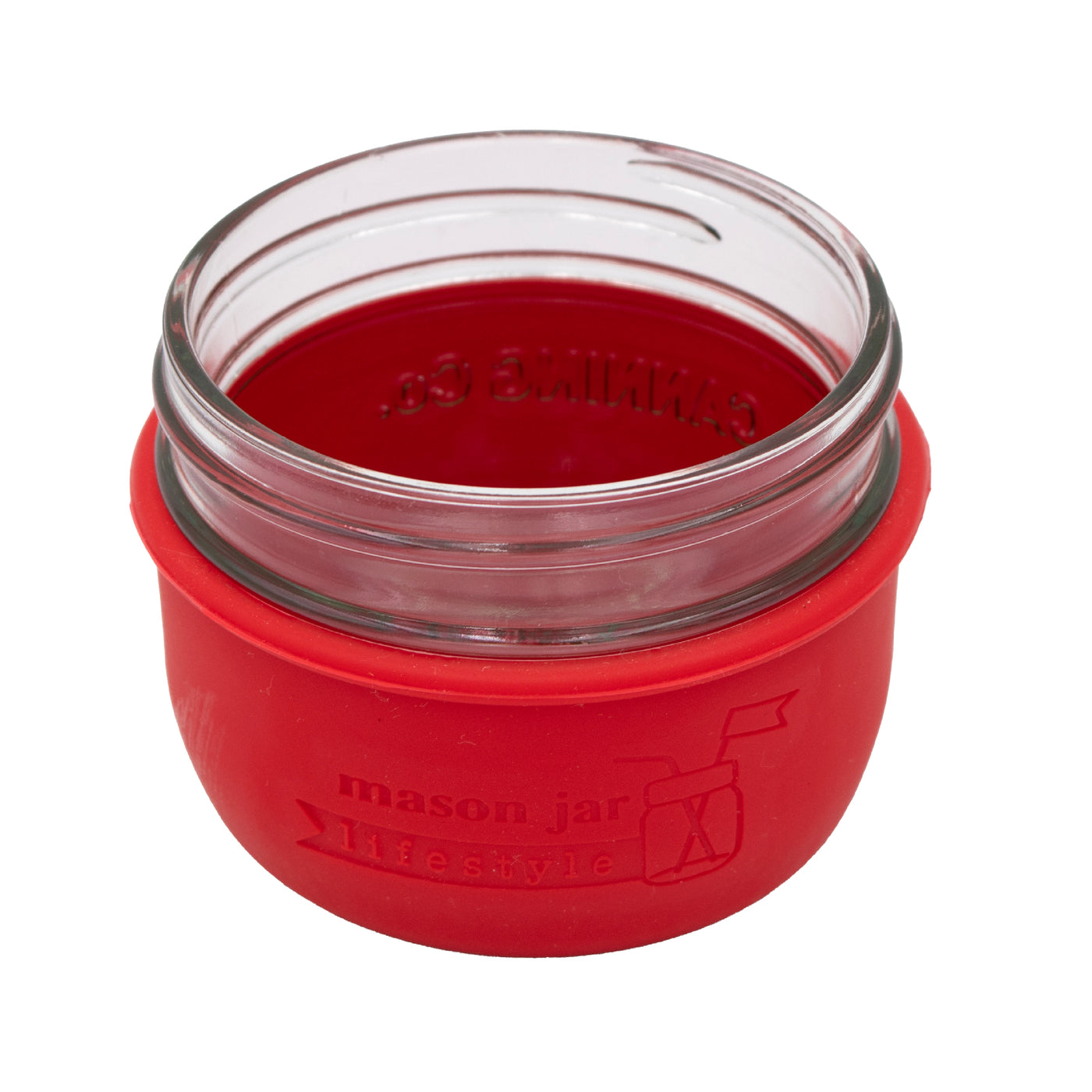 A Mason Jar Lifestyle wide mouth 8oz sleeve on a Azure Mason jar.