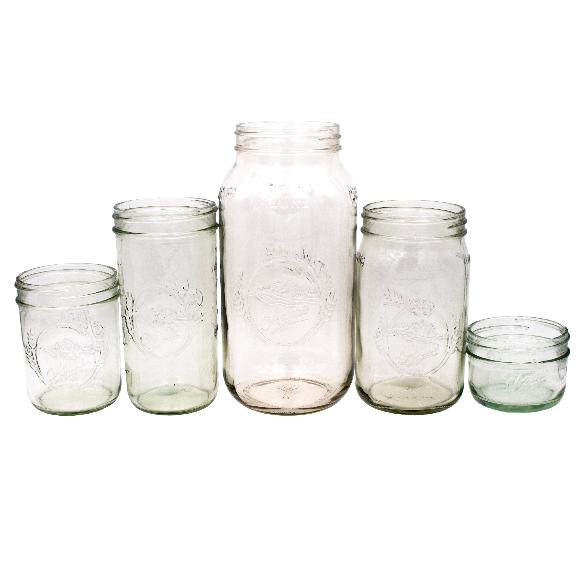 A line up of all the wide mouth Mason jars from Azure.