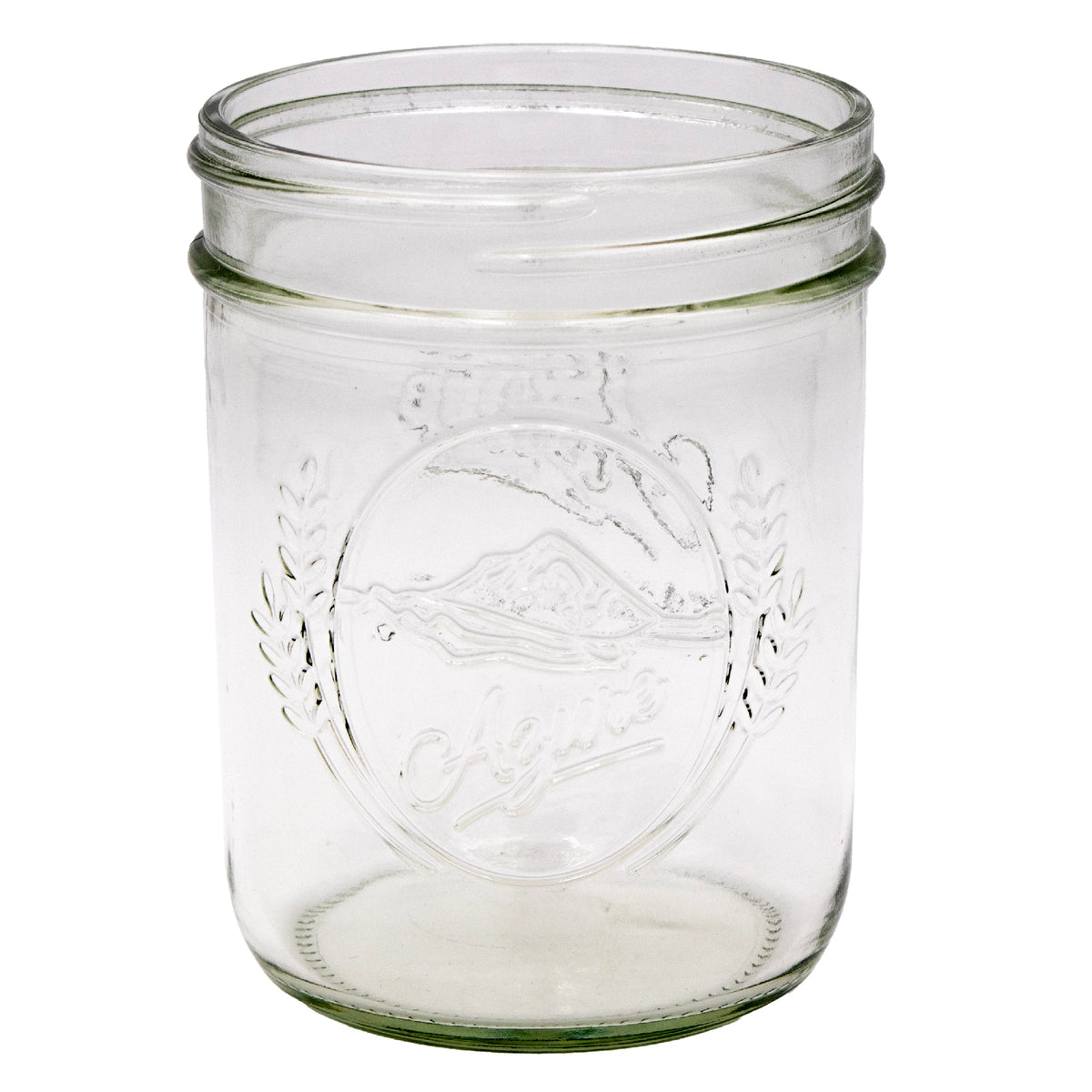 Azure Standard Mason 16oz wide mouth jar, showing off the debossed Azure logo. The logo is a simple mountain in an oval, with pieces of wheat framing it.