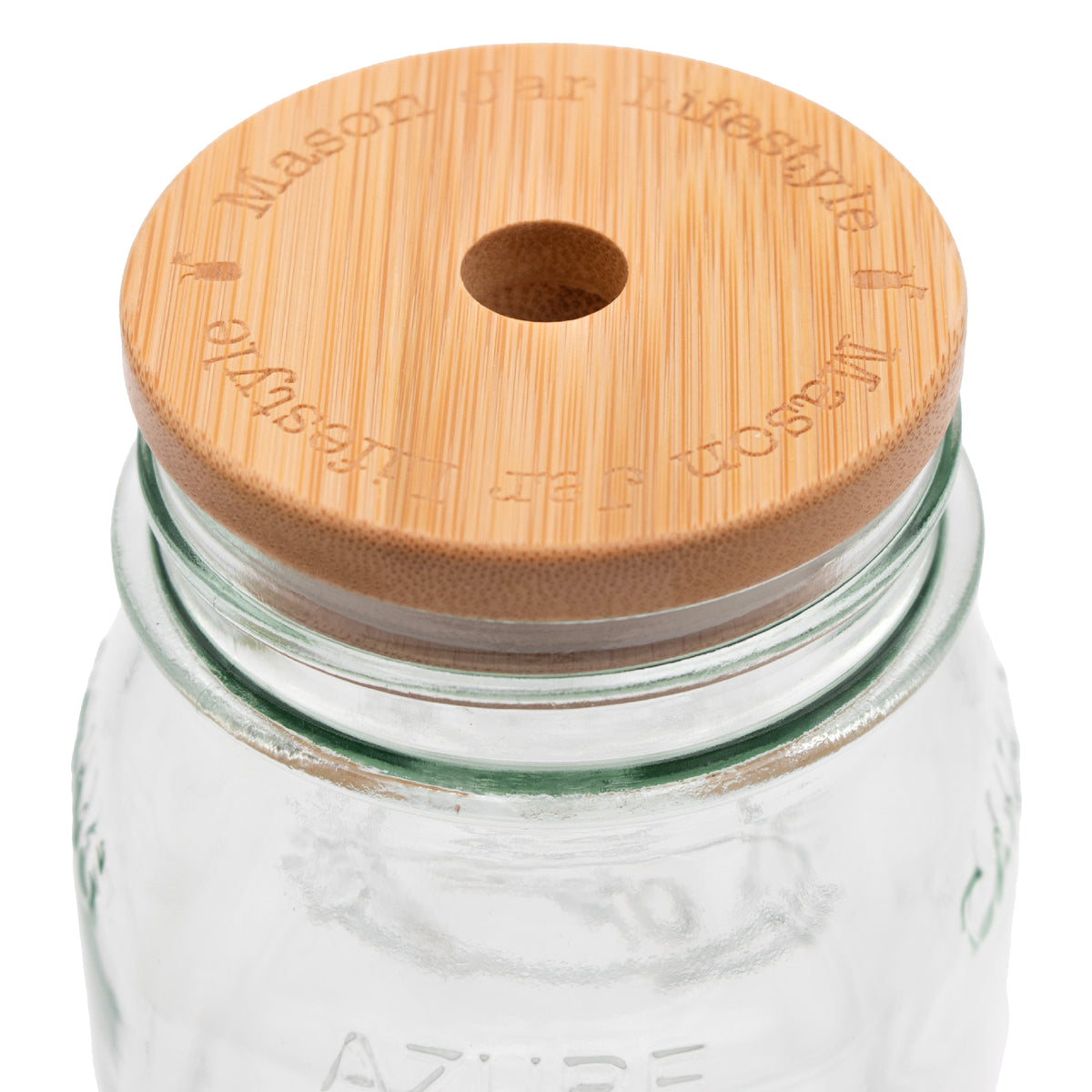 Regular mouth bamboo straw hole, up close, showing the "Mason Jar Lifestyle" words burned into the top.