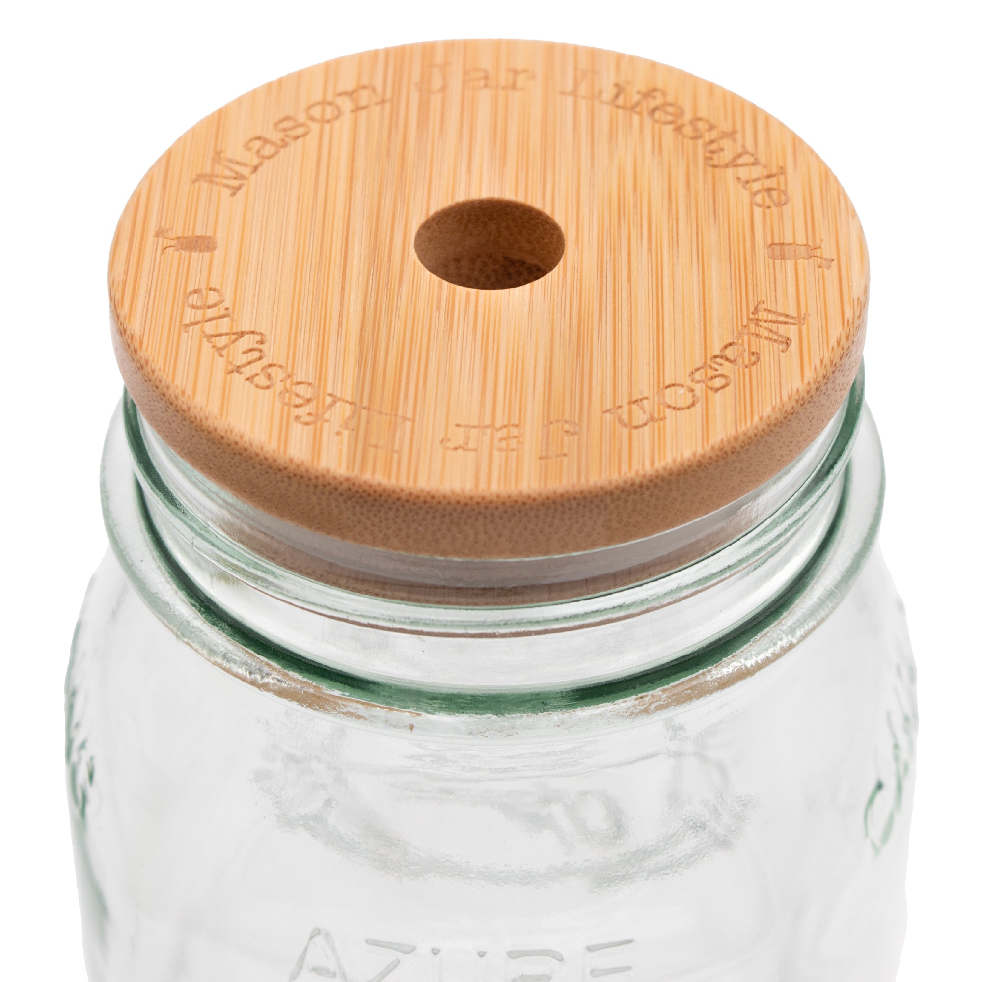 Regular mouth bamboo straw hole, up close, showing the "Mason Jar Lifestyle" words burned into the top.