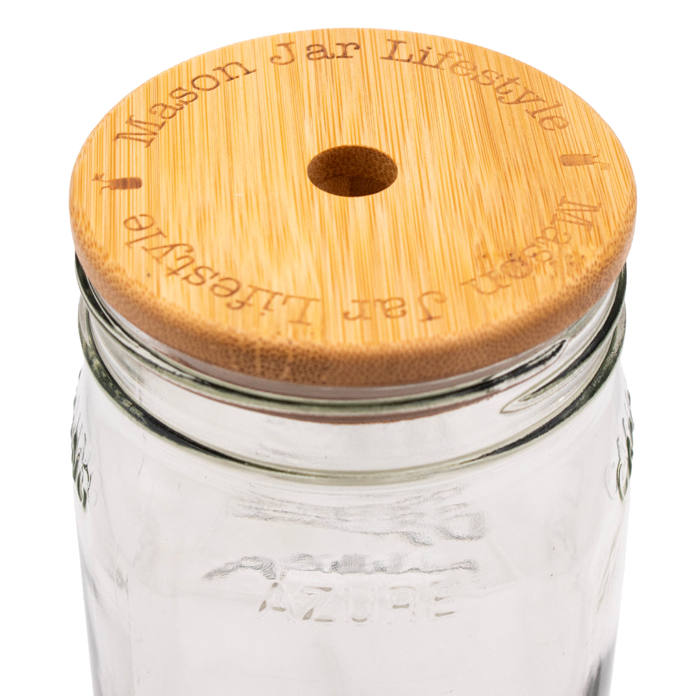 Wide mouth bamboo straw hole, up close, showing the "Mason Jar Lifestyle" words burned into the top.