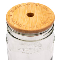 Wide mouth bamboo straw hole, up close, showing the "Mason Jar Lifestyle" words burned into the top.