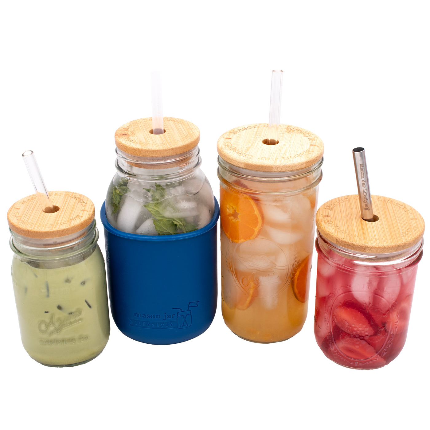 A group photo of both regular and wide mouth bamboo straw lids on Mason jars, with various drinks in them and accessories like straws and sleeves.