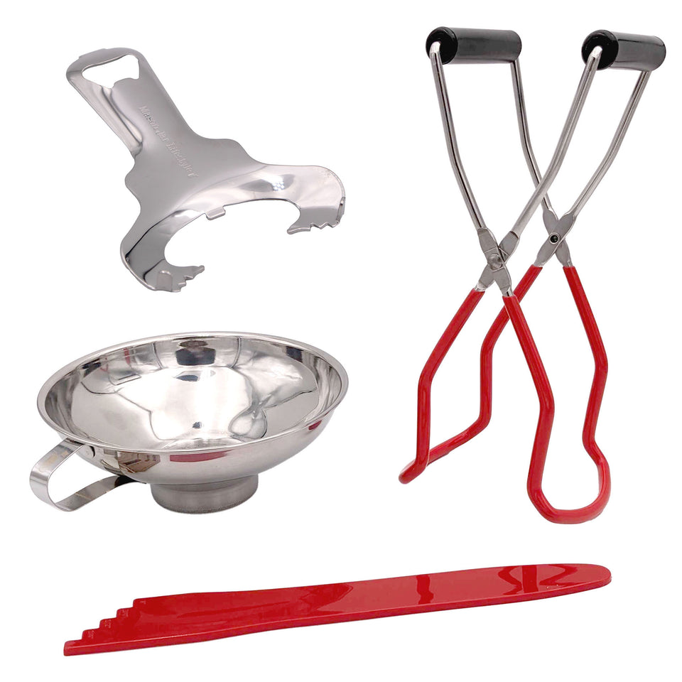 Canning bundle stainless steel funnel lifter bubble head foam skimmer on white