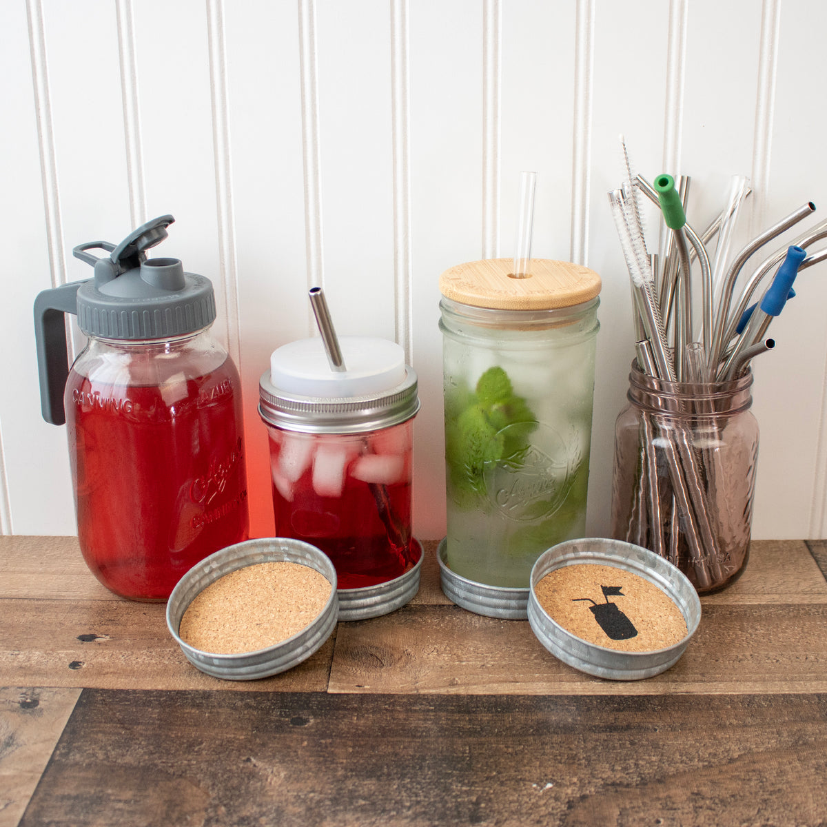 Coasters, shown with pint and 24oz Mason  jars, and other accessories.