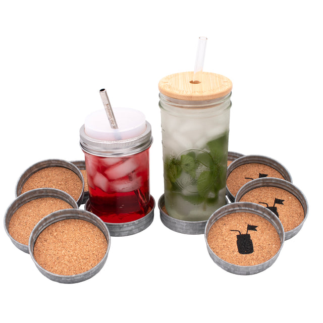Galvanized coasters for Mason jars, 4 packs, both logo and no logo.