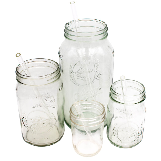 All 4 sizes of straws that come in this combo pack, in their respectively fitting Mason jar. Short in a regular mouth 8oz half pint. Medium in a 16oz pint. Long in a 32oz quart. Extra Long in a 64oz half gallon.