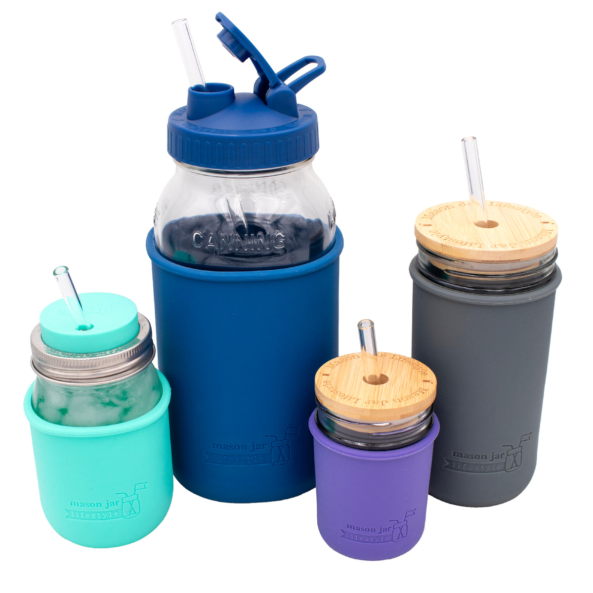 Combo 8pk glass straw extra long medium short sturdy reusable durable half gallon quart pint half bamboo sleeve silicone pour store product on white