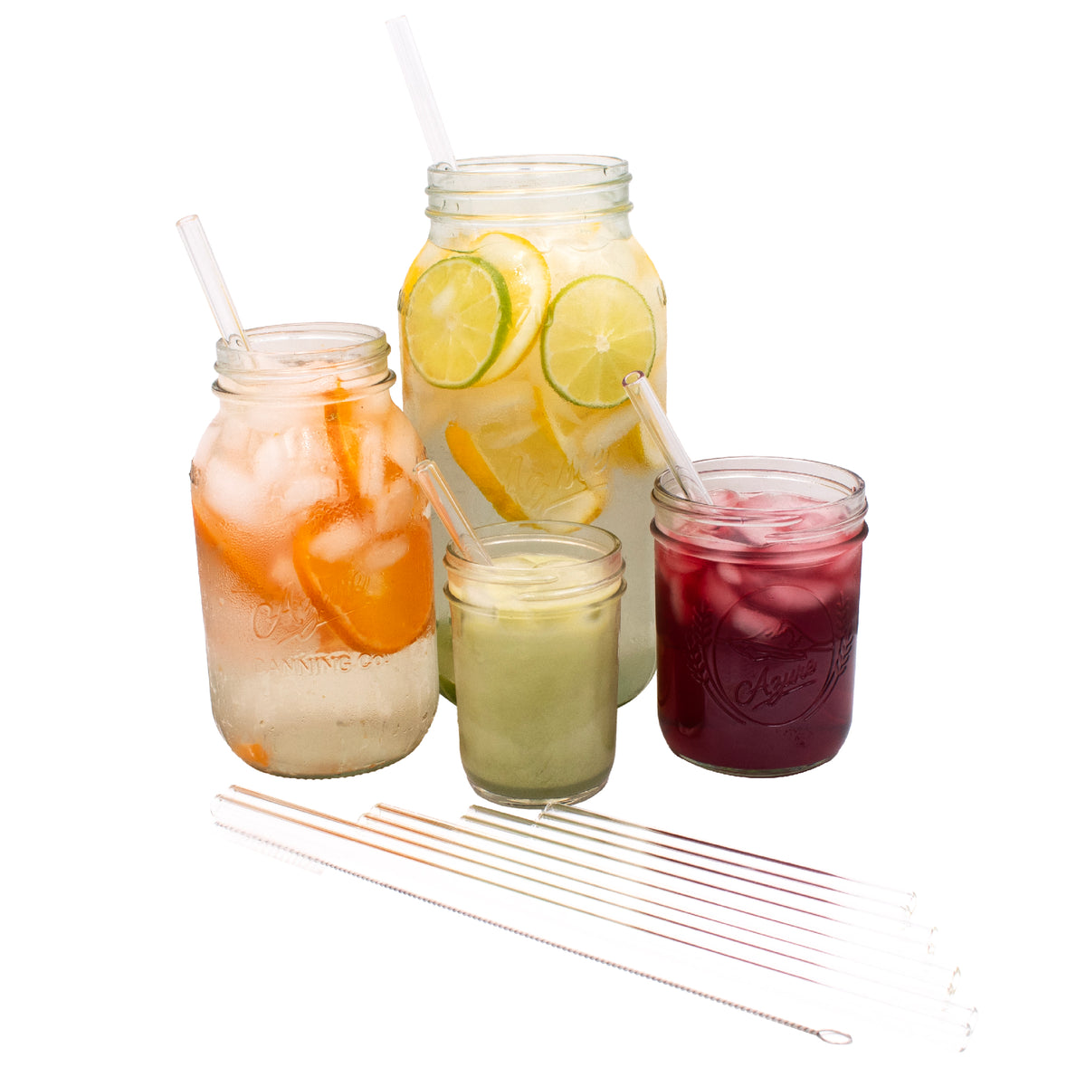 Combo 8pk glass straw extra long medium short sturdy reusable durable half gallon quart pint half juice matcha orange lemon product on white 2