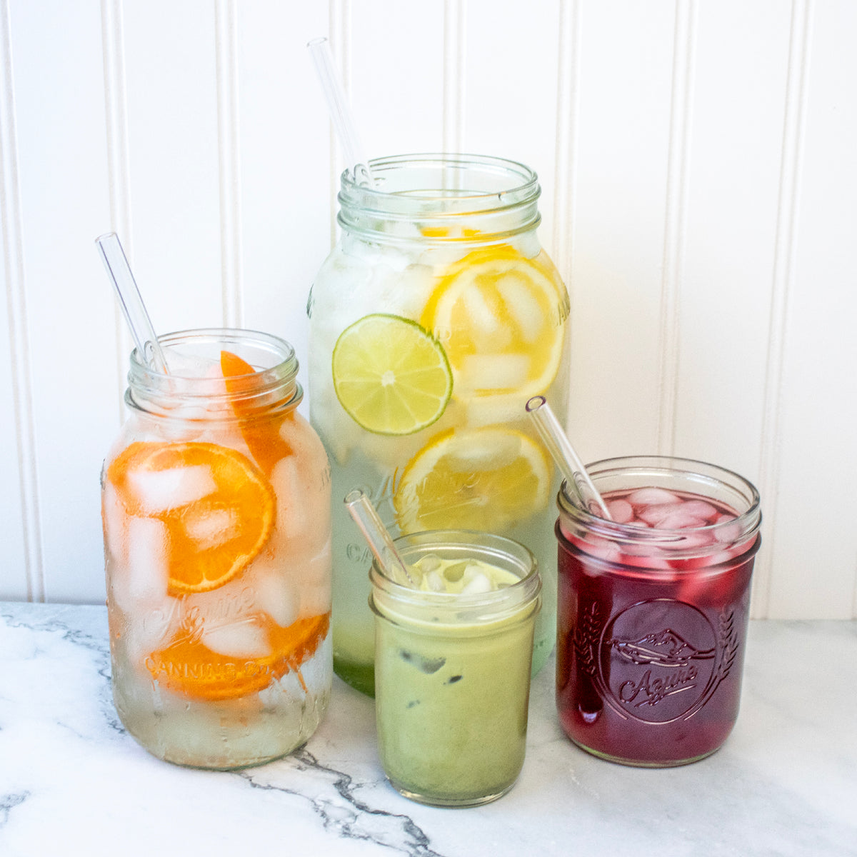 Combo 8pk glass straw extra long medium short sturdy reusable durable half gallon quart pint half juice matcha orange lemon staged