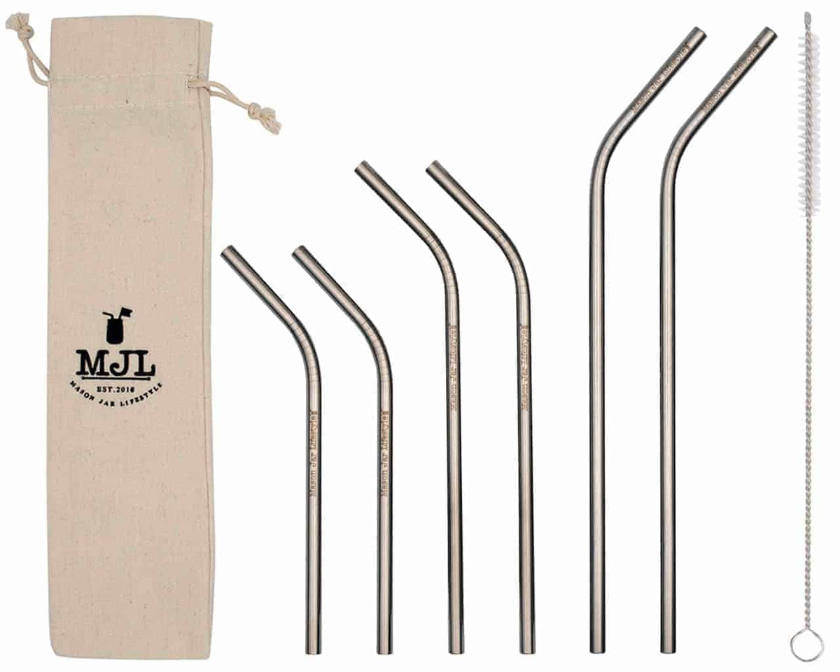 Mason Jar Lifestyle combo containing two Short, two Medium, and two Long thin bent stainless steel straws, a cloth drawstring bag, and a straw cleaner.