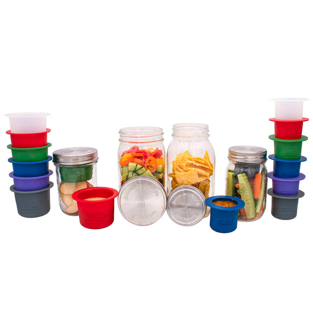 Regular and wide mouth divider cups, on their respectful Mason jar sizes, in all colors available: frost, cherry red, leaf green, deep blue, ultra violet, and charcoal gray.