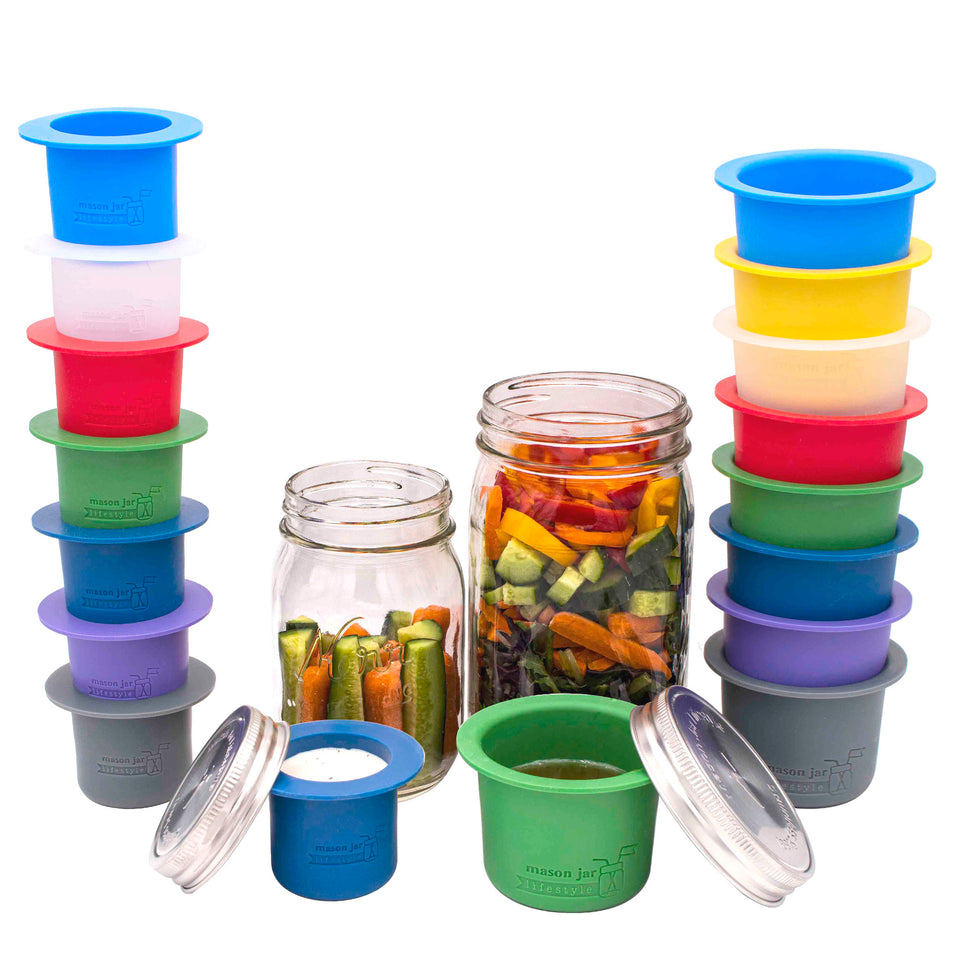 Regular and wide mouth silicone divider cups with stainless steel storage lids in bright blue, deep blue, frost, cherry red, leaf green, ultra violet, charcoal gray, and lemon yellow