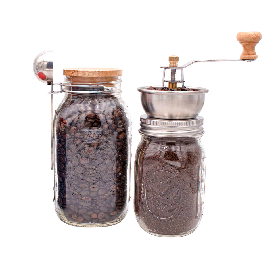 Engraved regular mouth manual adjustable ceramic burr coffee spice grinder silicone drinking bamboo stopper 32oz quart 16oz pint