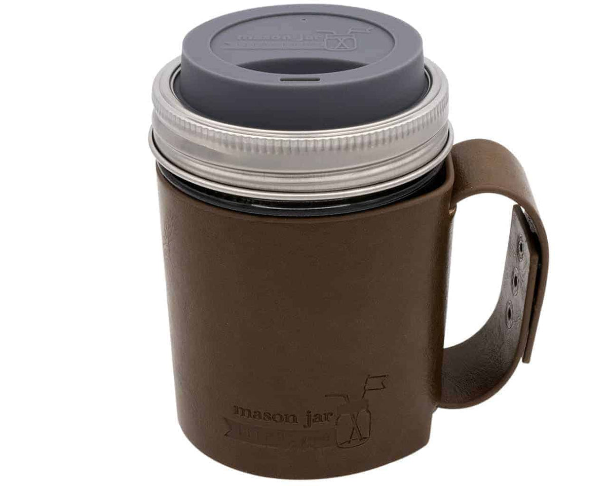 Brown faux leather handle sleeve on a Ball pint jar with a gray drinking lid