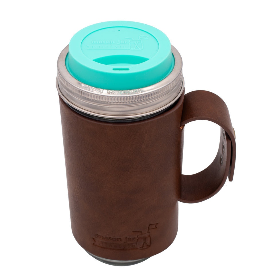 Mason Jar Lifestyle 24oz Pint & Half Glass Water Bottle Travel Tumbler with Faux Leather Sleeve & Drinking Lid