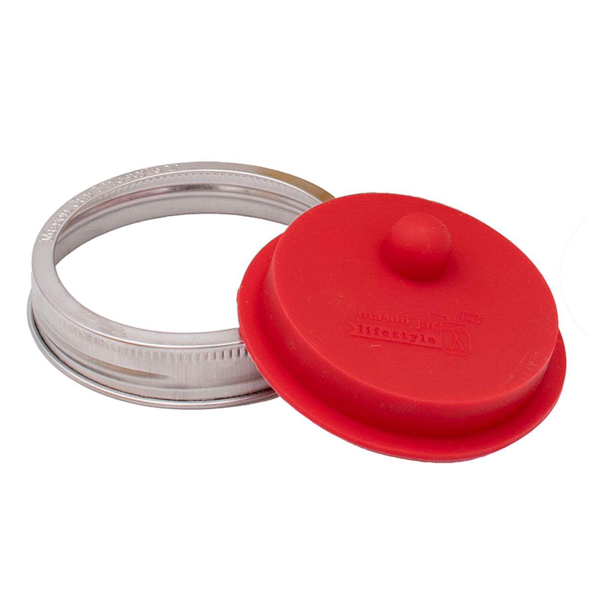 Fermentation wide mouth cherry red silicone valve lid stainless steel band on white
