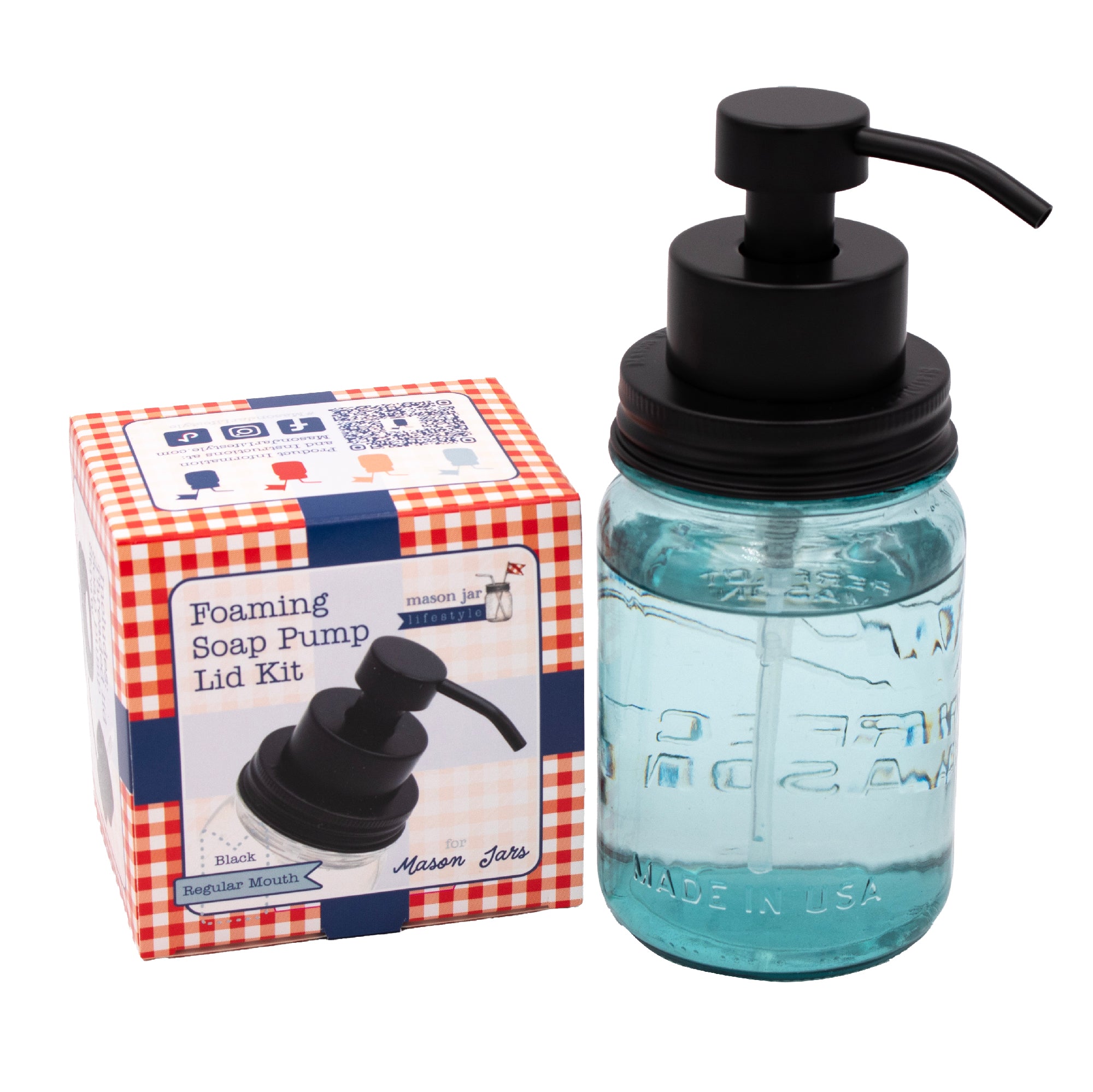 Foaming soap pump stainless steel matte black regular mouth kitchen bathroom packaging box product on white