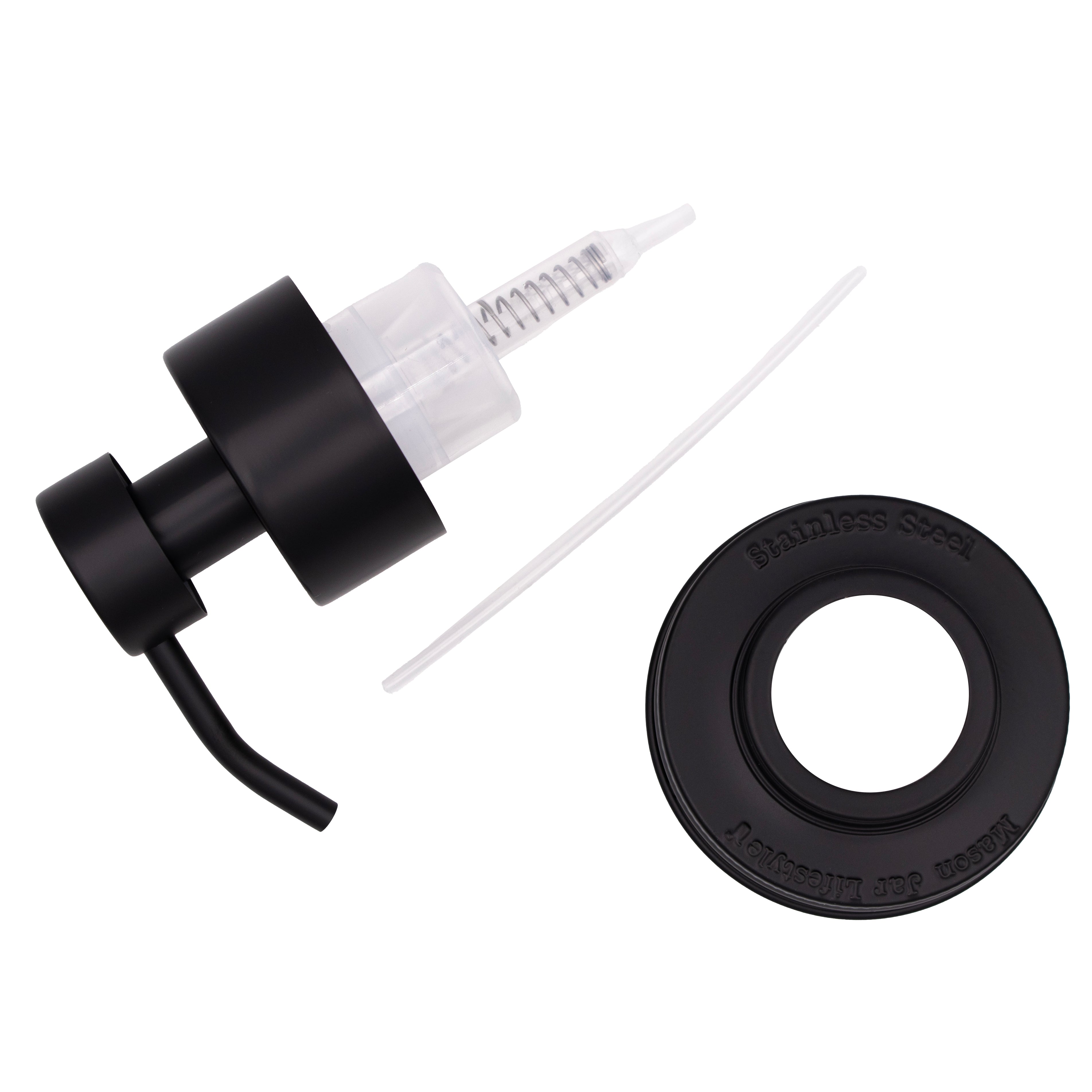 The pieces of a standard regular mouth soap kit laid out: pump, lid, and straw.