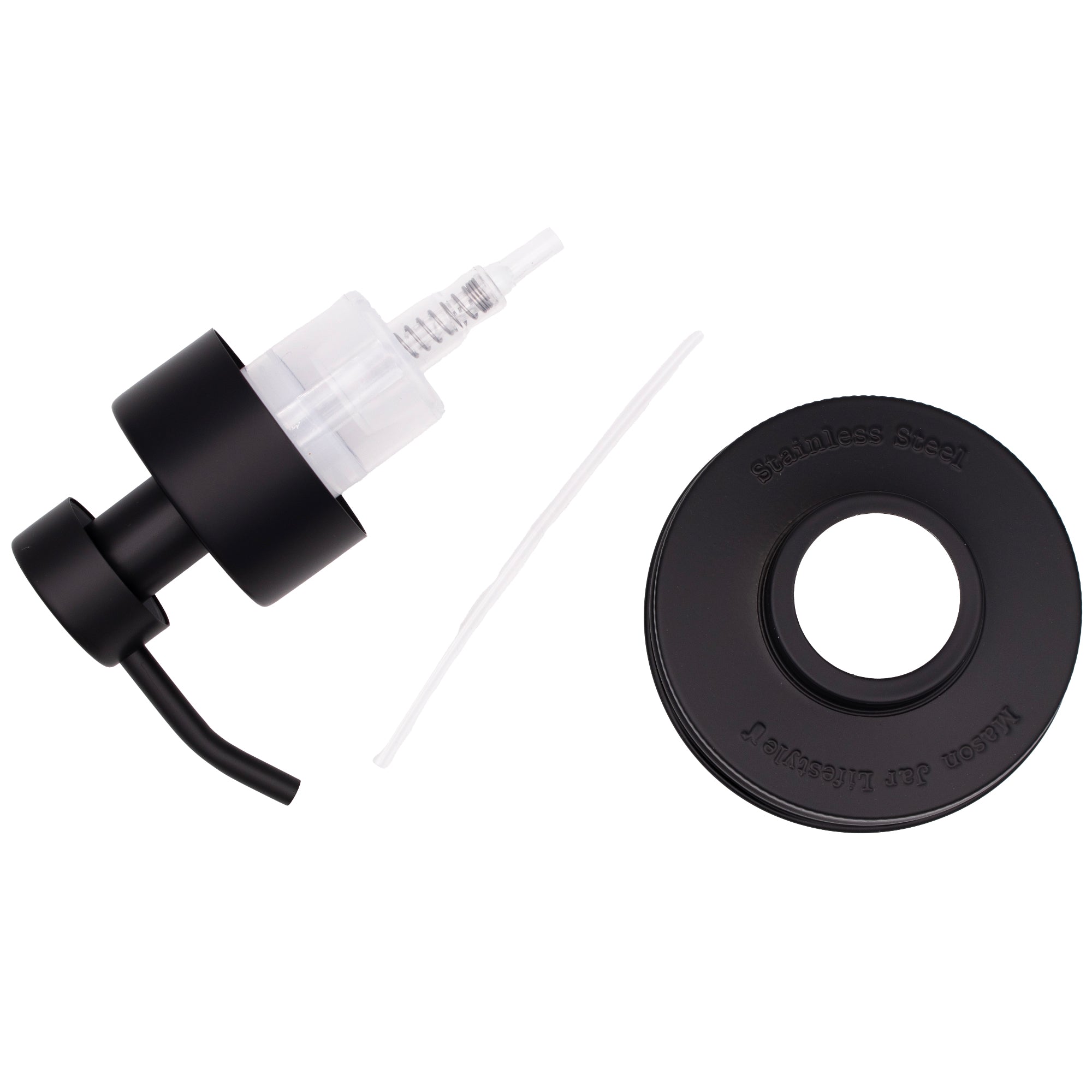 The pieces of a standard wide mouth soap kit laid out: pump, lid, and straw.