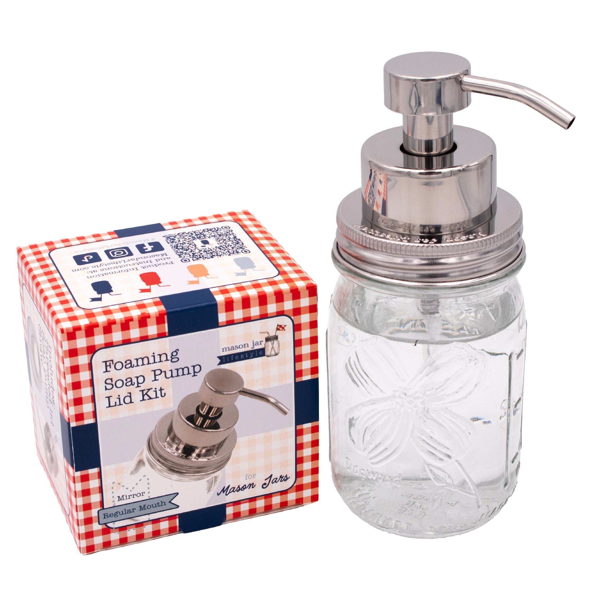 Wide mirror soap pump lid for Mason jars.