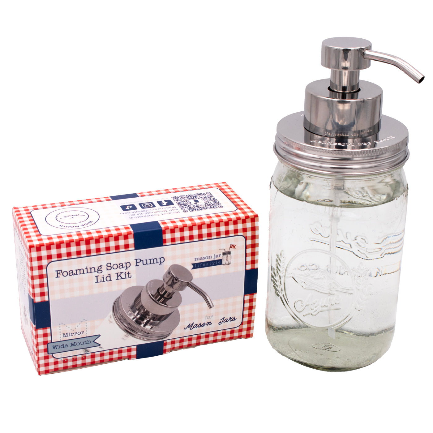 Foaming soap pump stainless steel mirror wide mouth kitchen bathroom packaging box product on white