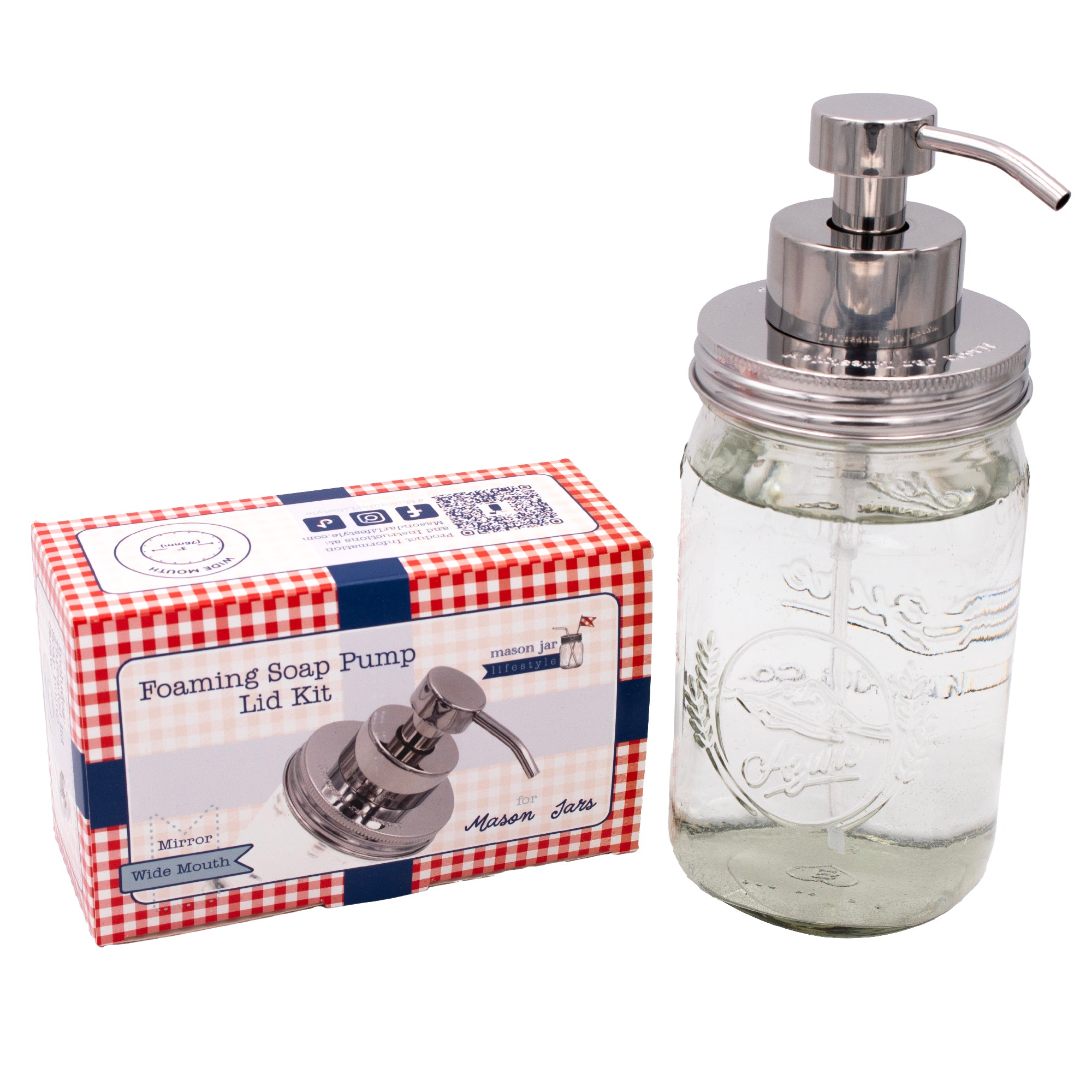 Foaming soap pump stainless steel mirror wide mouth kitchen bathroom packaging box product on white