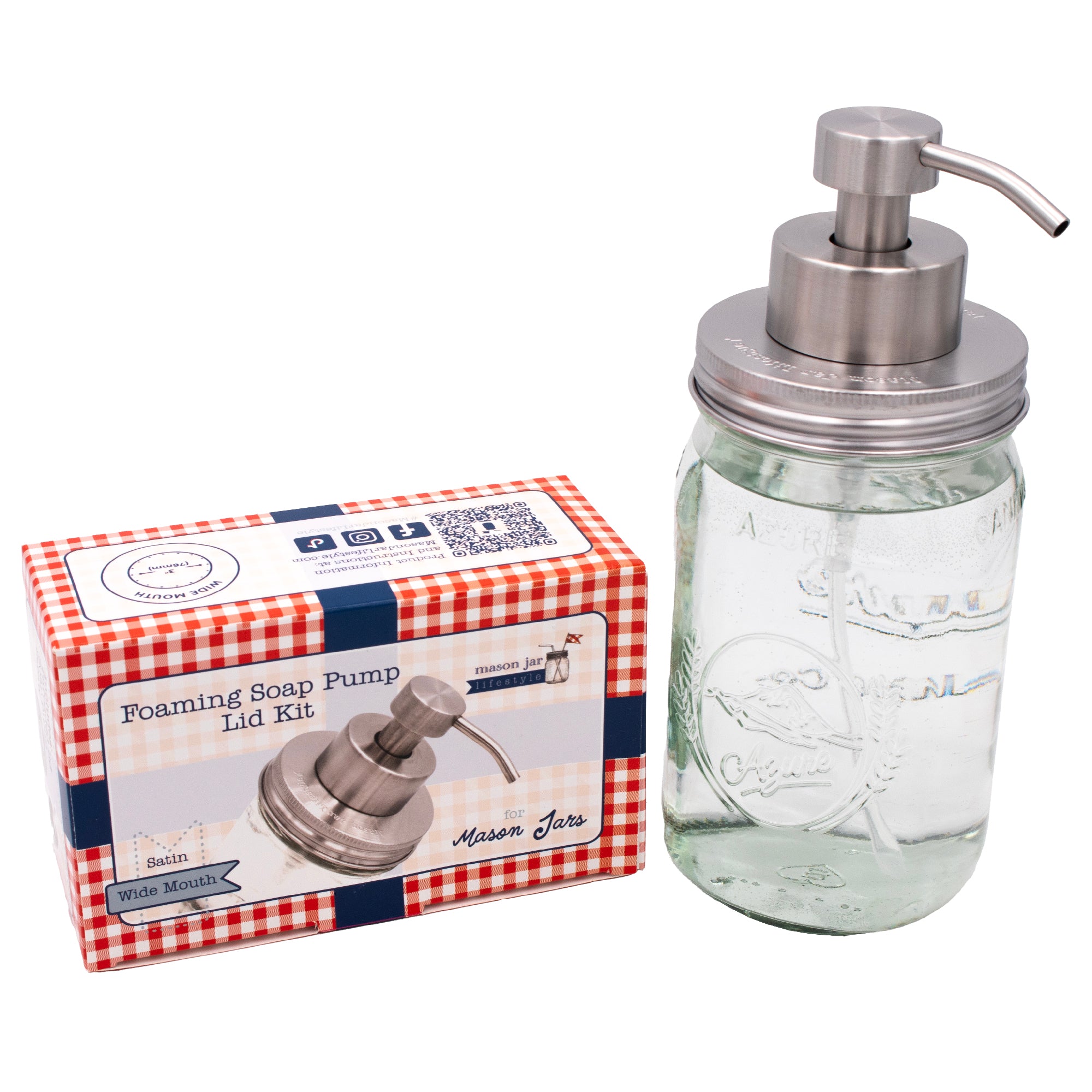 Foaming soap pump stainless steel satin wide mouth kitchen bathroom packaging box product on white