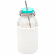 frost silicone sleeve for wide mouth half gallon 64oz mason jars with aquamarine silicone straw hole lid and long stainless steel straw